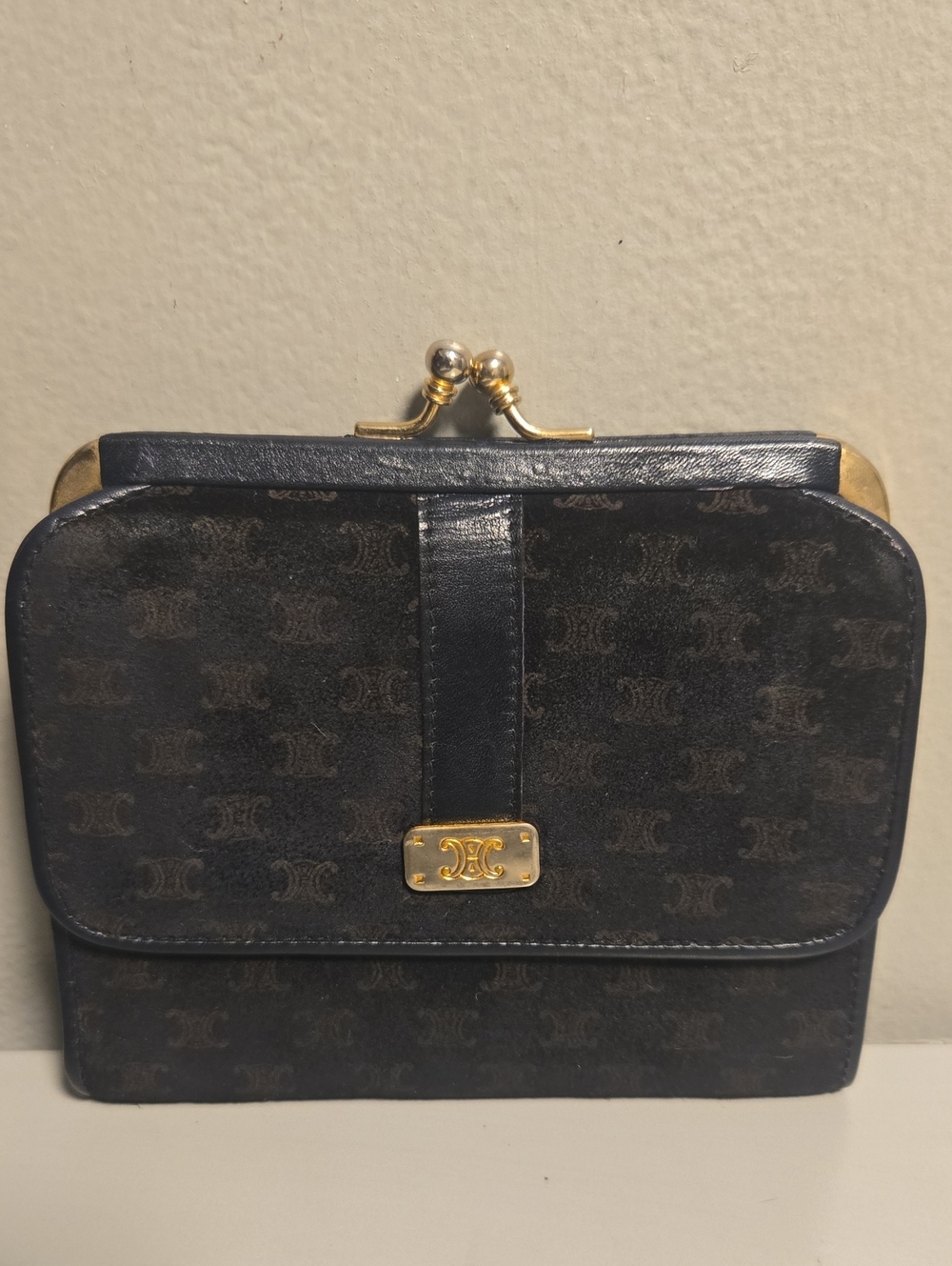 Celine Navy Patterned Kisslock Wallet With Gold Hardware